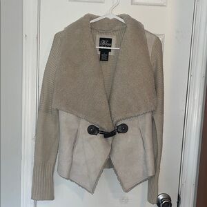 Blanc Noir Cream Faux-Shearling Toggle Front Knit Jacket